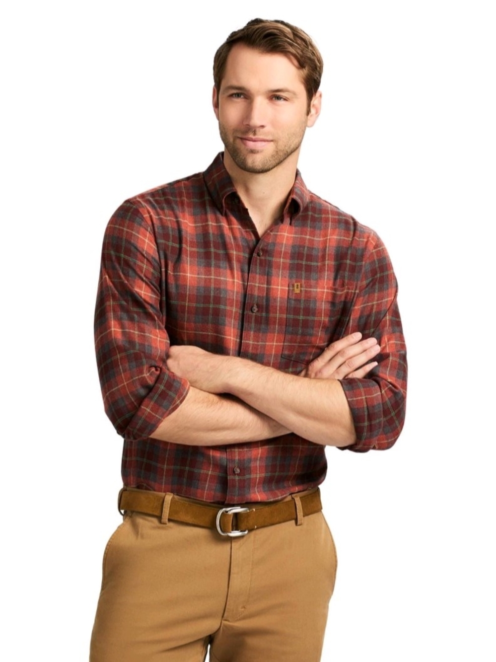 Izod Men's Flannel Plaid Button-Down Shirt